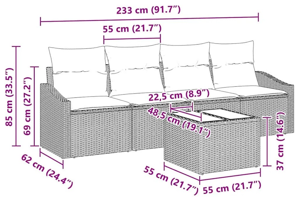 Kerti Kanapé Szett párnával 5 pcs Fekete 55 x 55 x 37 cm