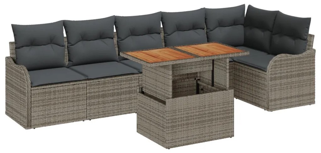 7 darabos kerti kanapé szett párnákkal szürke poly rattan akác, 2 személyes kerti kanapé párnákkal szürke poly rattan