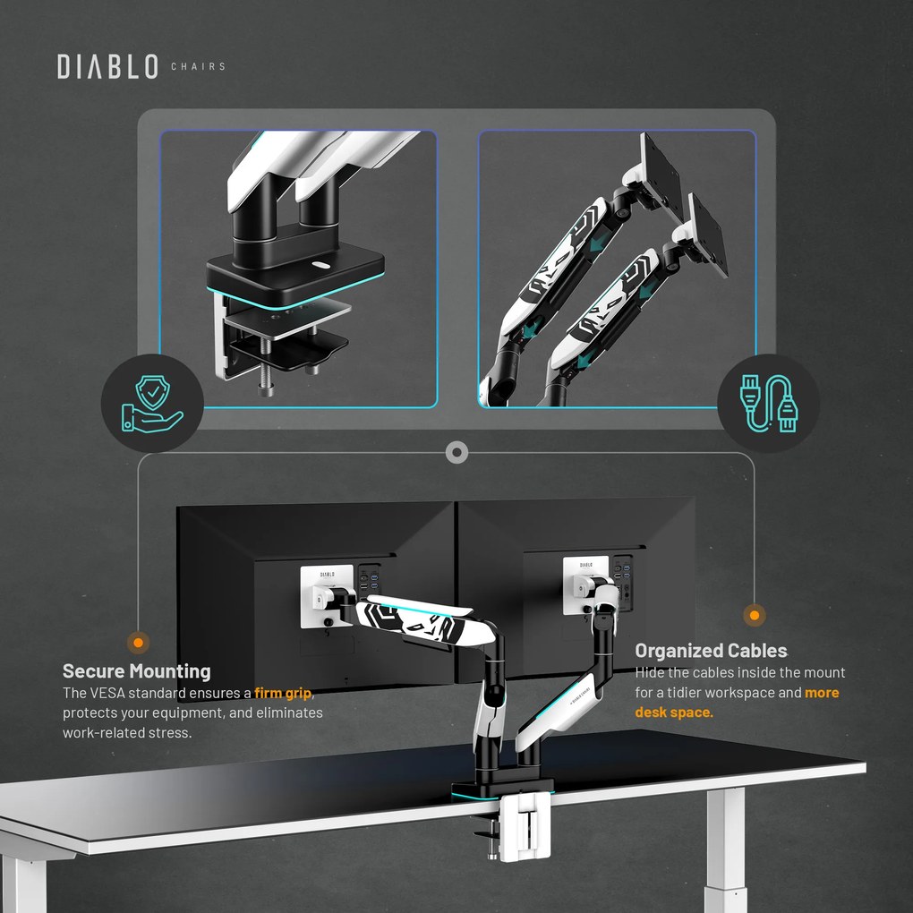 Dupla monitortartó 35" RGB fehér-fekete: Diablo X-Arm Dual