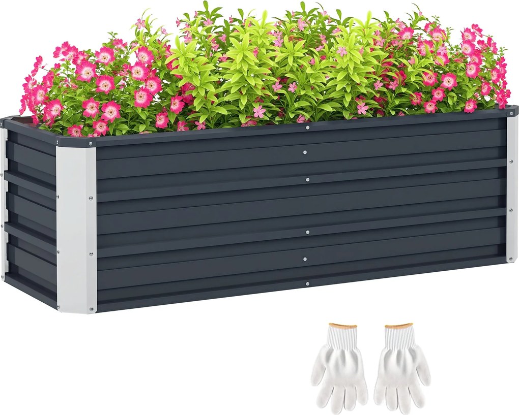 Outsunny Acél Emelt Kertágy Ültető Doboz Virágcserép Kesztyűvel Sötétszürke 125 x 47 x 40 cm | Aosom