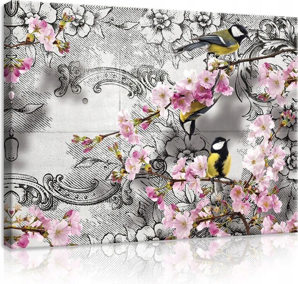 Vászonkép 80x60 Tavasz virágzás madarak cseresznye virágok természet finom nyugalom
