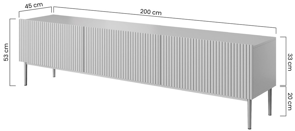 Nicole 200 cm-es TV-szekrény - matt fehér / arany lábak