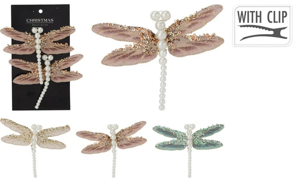 Karácsonyi díszek szett Szitakötő, arany,13x9x1,5cm , klipszel, 2 DB-os szett