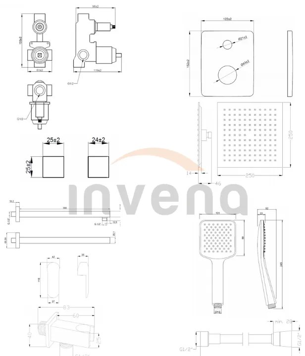 Invena Siros, rejtett zuhanygarnitúra esőzuhany fejjel 25x25 cm és manuális fejjel, fekete matt, INV-BS-90-011-A