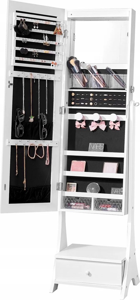 Ékszertartó szekrény Led tükörrel, álló, zárható, fehér, fiókos