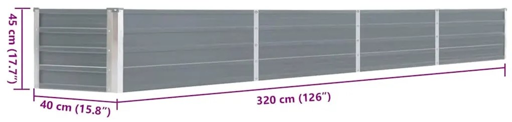 szürke horganyzott acél kerti magaságyás 320 x 40 x 45 cm