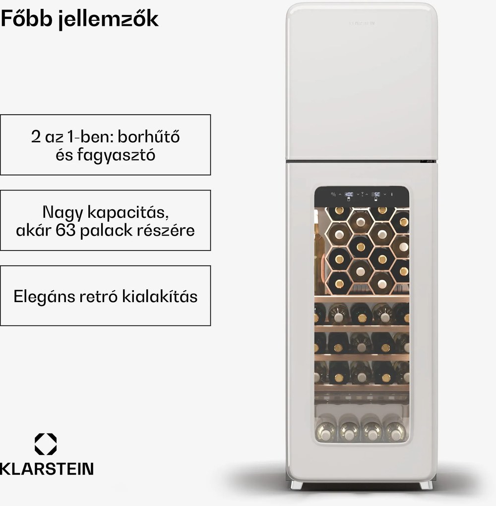 Klarstein Shirley Wine Cooler + Freezer, 2-in-1-Gerät, Vintage, 2 Kühlzonen, 60 Flaschen