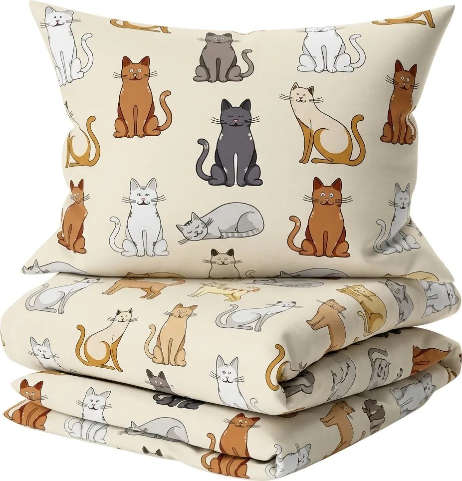 Flanel ágyneműhuzat COLORED CATS krém színben Ágyneműhuzat mérete: 2 db 70 x 90 cm | 200 x 220 cm