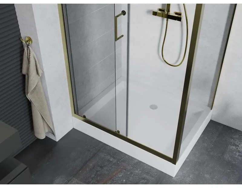 Mexen Apia zuhanykabin tolóajtóval 120 (ajtó) x 90 (fal) cm, 5mm átlátszó üveg, arany profil + fehér zuhanytálca RIO, 840-120-090-50-00-4510