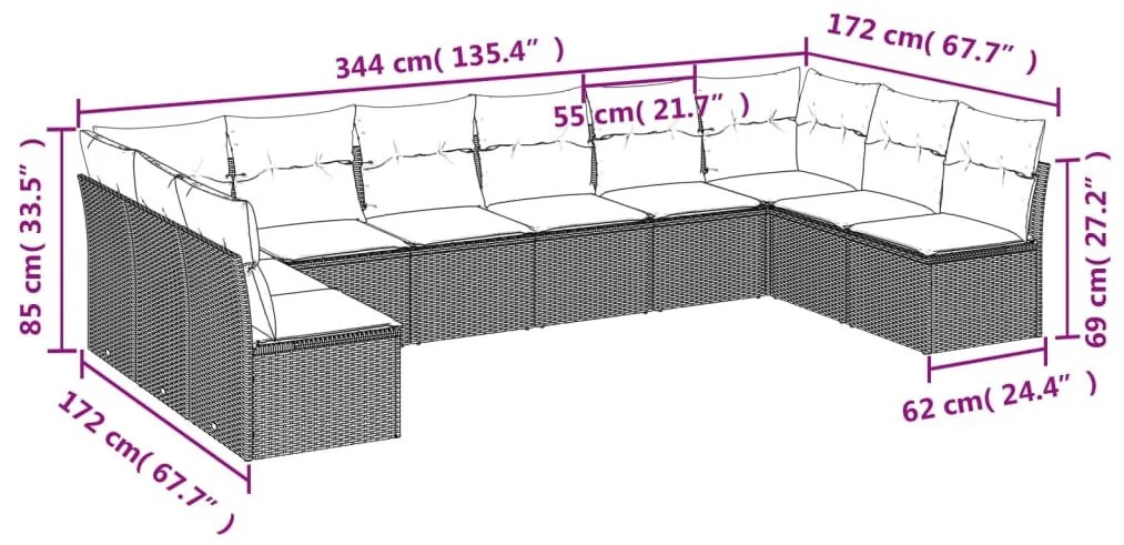 10 részes szürke polyrattan kerti ülőgarnitúra párnákkal