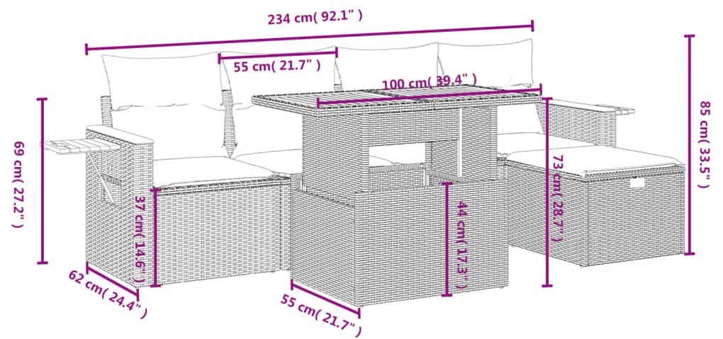 6 részes fekete polyrattan kerti ülőgarnitúra párnákkal