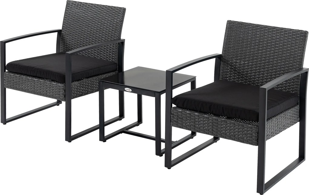 Outsunny 3 részes kültéri kertibútor szett, 2 székkel és rattan asztallal, párnázott párnákkal és üveg felsőrésszel, erkélyre, teraszra, szürke és fek