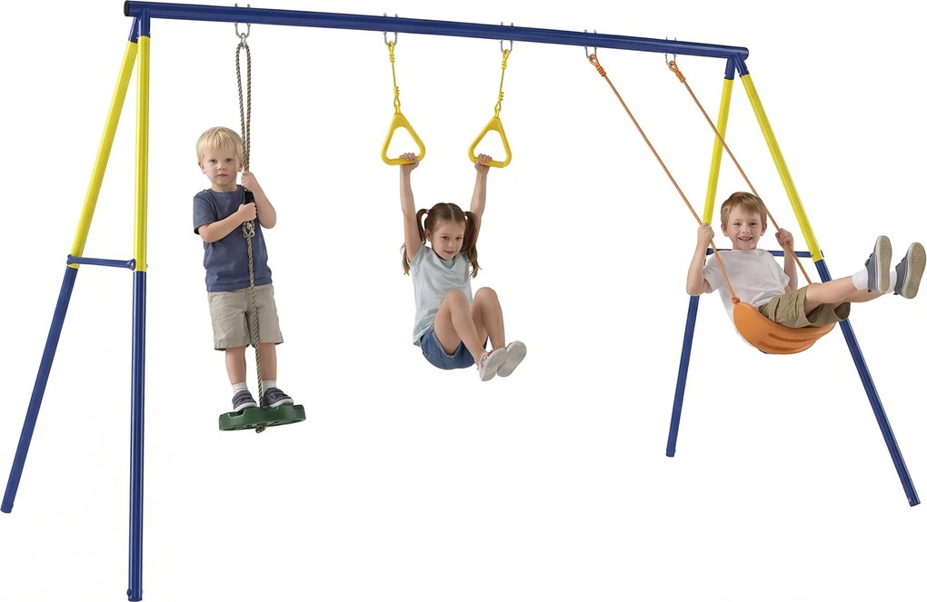 AIYAPLAY 3 az 1-ben gyerekhinta állóhintával és tornagyűrűkkel, A-váz acél, dupla hinták, 150 kg teherbírás, kültéri, 3–8 év, 285 x 160 x 181 cm | Aos