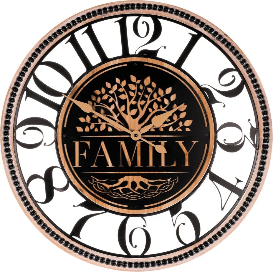 Falióra 60 cm átmérő fa és fém életfa mintával Family felirattal