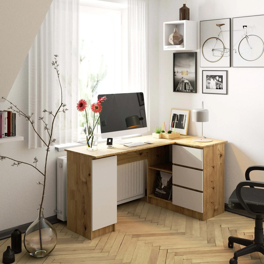 Sarok PC asztal Bevin (artisan tölgy  + fehér) (J). Akció -15%. 1070971