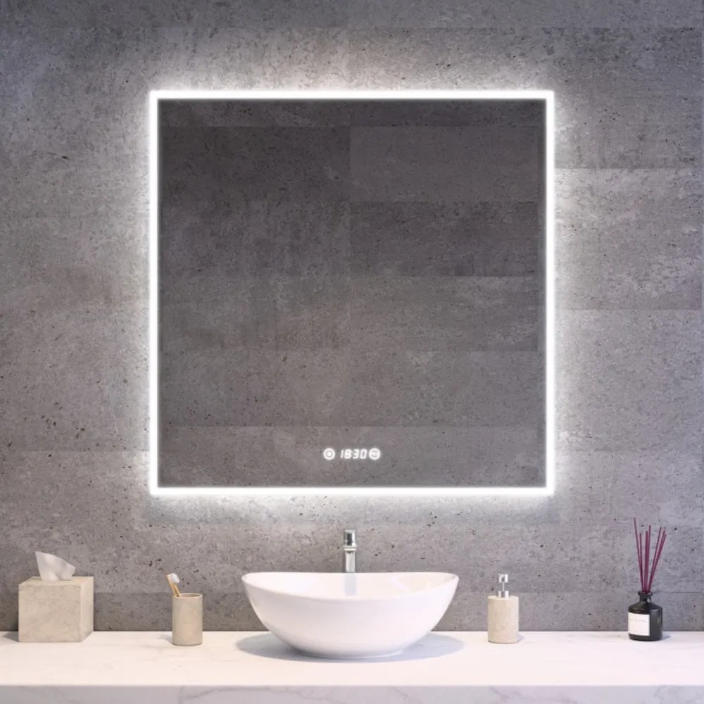 Álló fürdőszobai LED tükör 80x80cm | Páramentesítő funkció - Óra - Fényerő és színhőmérséklet szabályozás | Welland Luxury-Line G1091