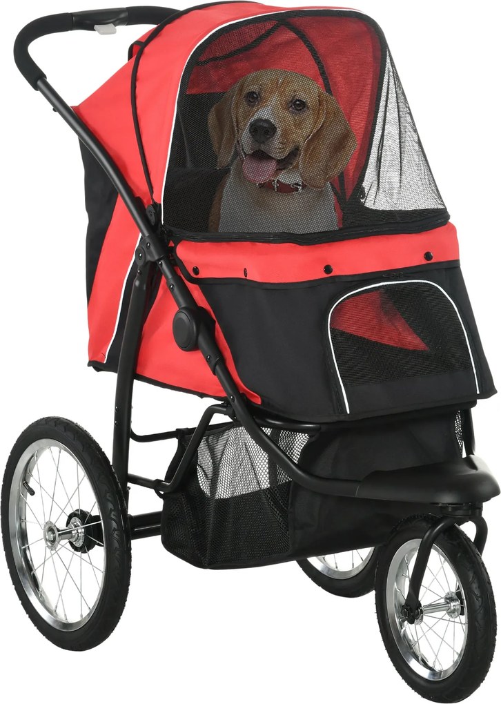 PawHut Összecsukható Kutyakocsi - Kutyák és Macskák Részére, Maximum 20 kg Teherbírással, Minden Terepen Használható Gumi Kerekekkel, Párnázott Hálóab