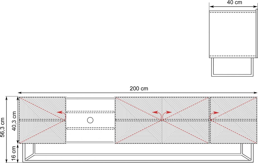 Asha RTV szekrény 200 cm bordázott fülkével és fém vázzal - fekete matt