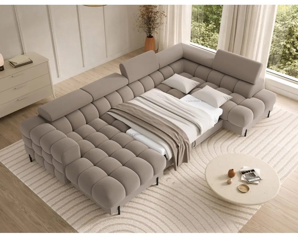 Világosbarna bársony kinyitható sarokkanapé (jobb oldali-U alakú) Feraria – ELTAP