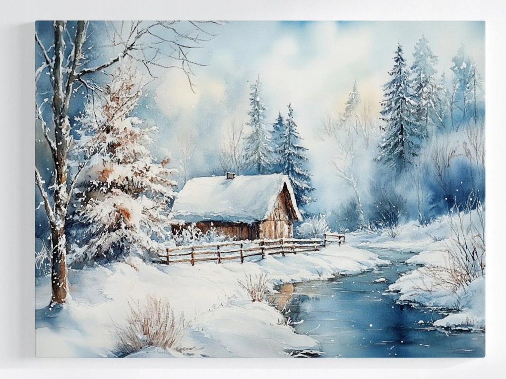Vászonkép Canvas Tájkép Tél Erdő Ház Folyó Hó 80x60