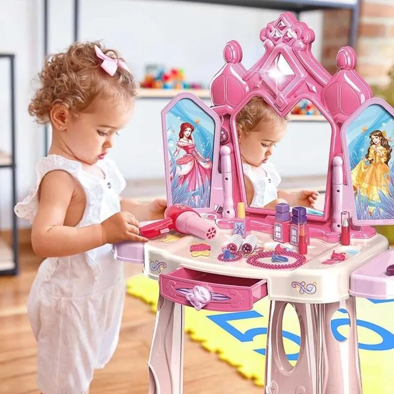 Sminkasztal lányoknak, szék és tükör, különböző kiegészítők, fények, zene, hercegnős matricák, fiók, rózsaszínű