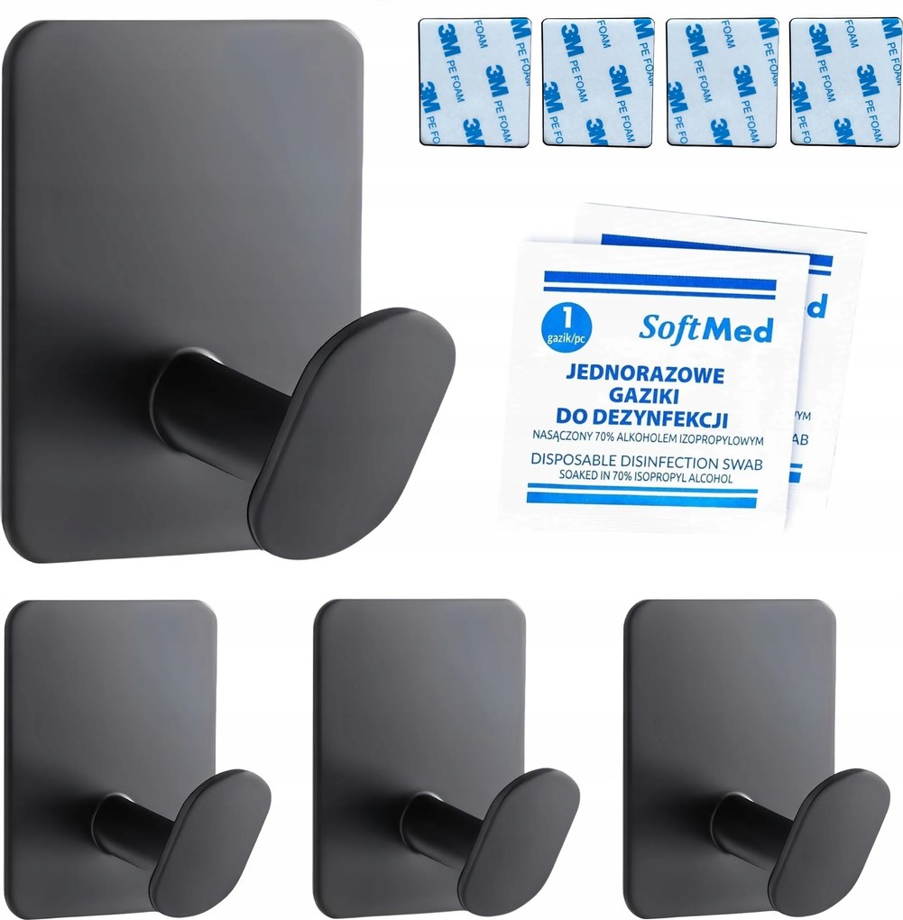 x4 Öntapadós Akasztó Fekete Fali Szivacs Ruházat Törölközők Eszközök