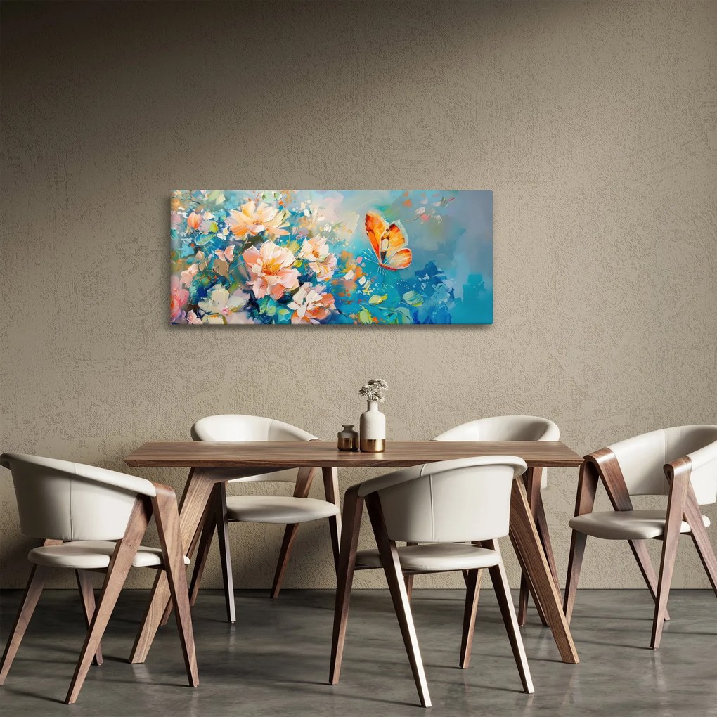 Kép - Pillangó és virágok, olajfestmény II. (120x50 cm)