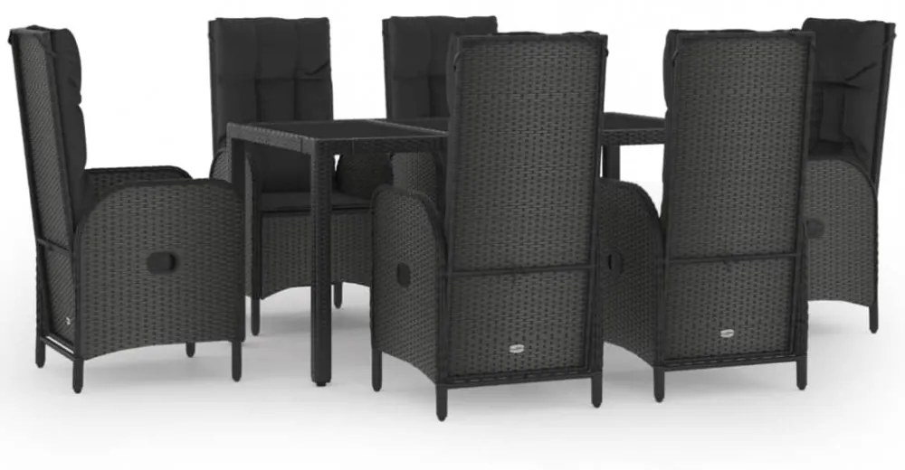 7 részes fekete és szürke polyrattan kerti étkezőszett párnával