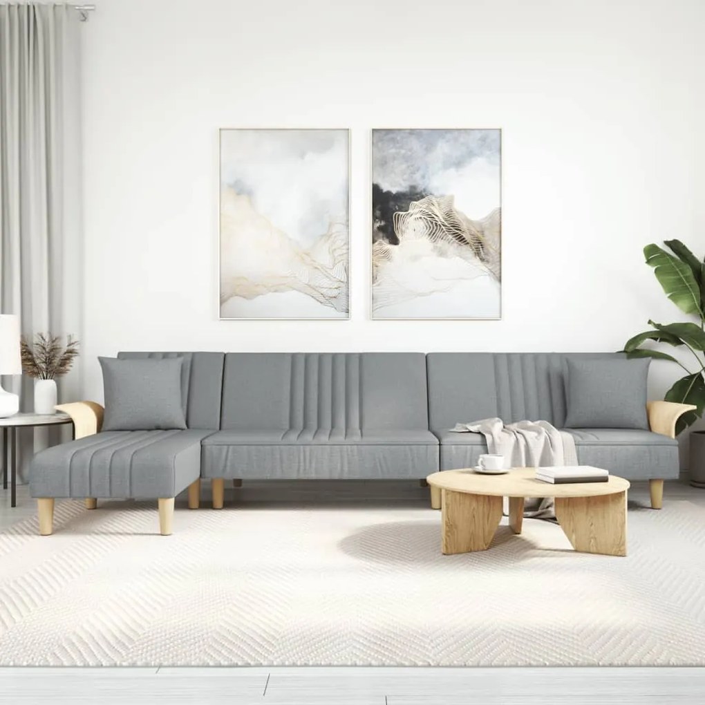 világosszürke L-alakú szövet kanapéágy 279x140x70 cm