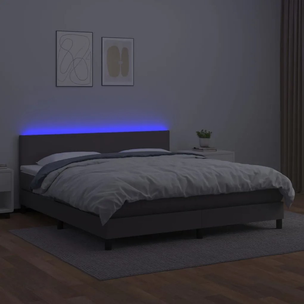 szürke műbőr rugós ágy matraccal és LED-del 160x200 cm