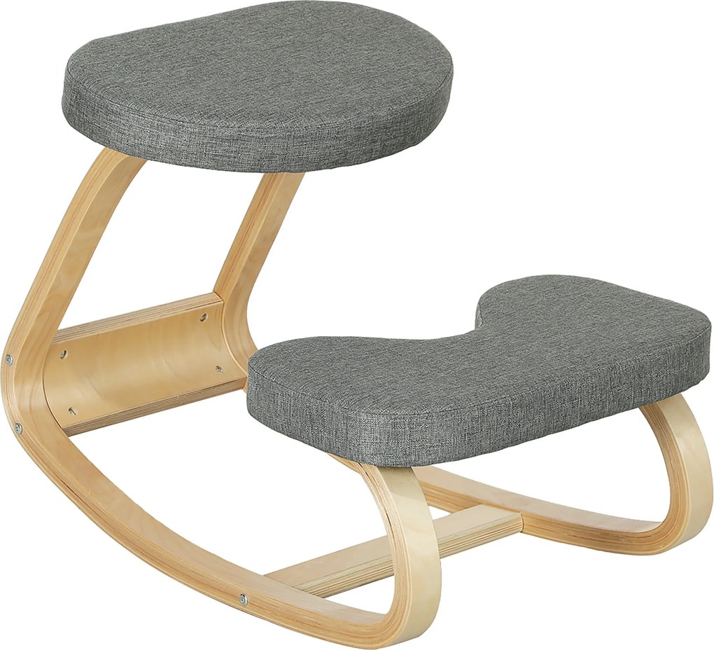 HOMCOM Térdelő Szék, Ergonomikus Hintázó Fa Térdelő Szék Otthoni Irodához, Testtartás Javítása, Hátfájás, Szürke | Aosom