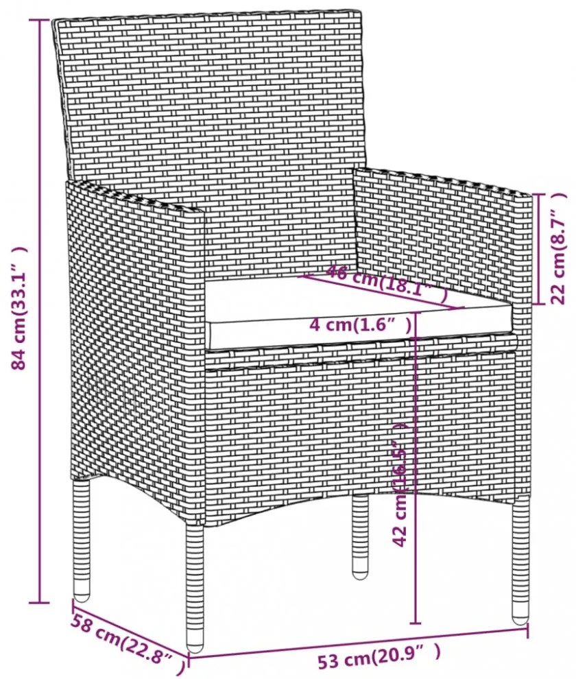 3 részes szürke és fekete kerti étkezőgarnitúra párnákkal