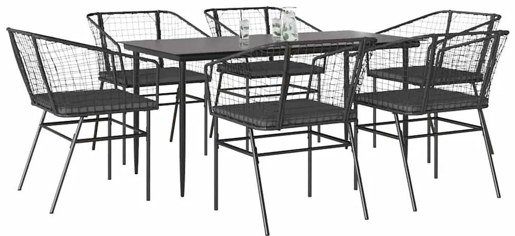 vidaXL 7 részes fekete polyrattan üveg kerti étkezőgarnitúra párnákkal