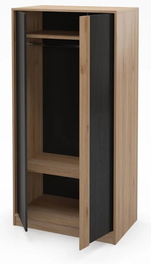 Fekete-natúr színű ruhásszekrény tölgyfa dekorral 90x180x53 cm Dennis – Marckeric