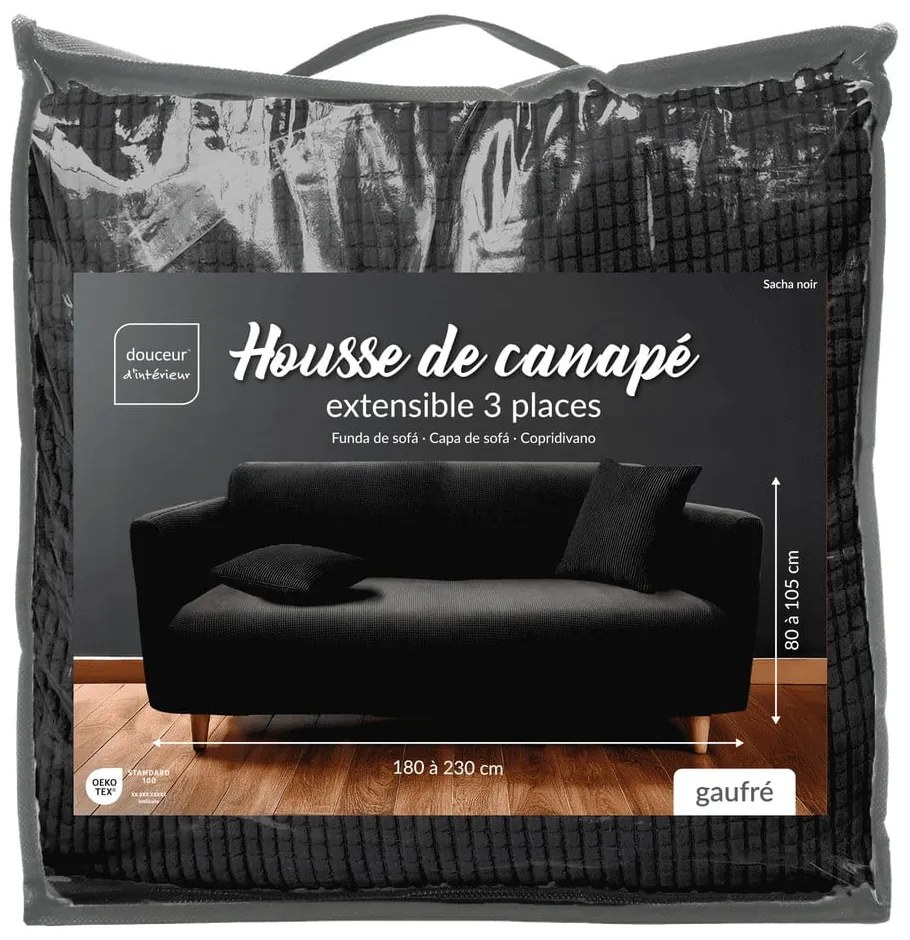 Fekete háromszemélyes gumis kanapé huzat Sacha – douceur d'intérieur