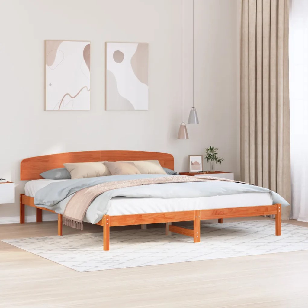 Ágykeret Fejházzal Gyantázott Barna 200x200 cm Tömör Fenyő