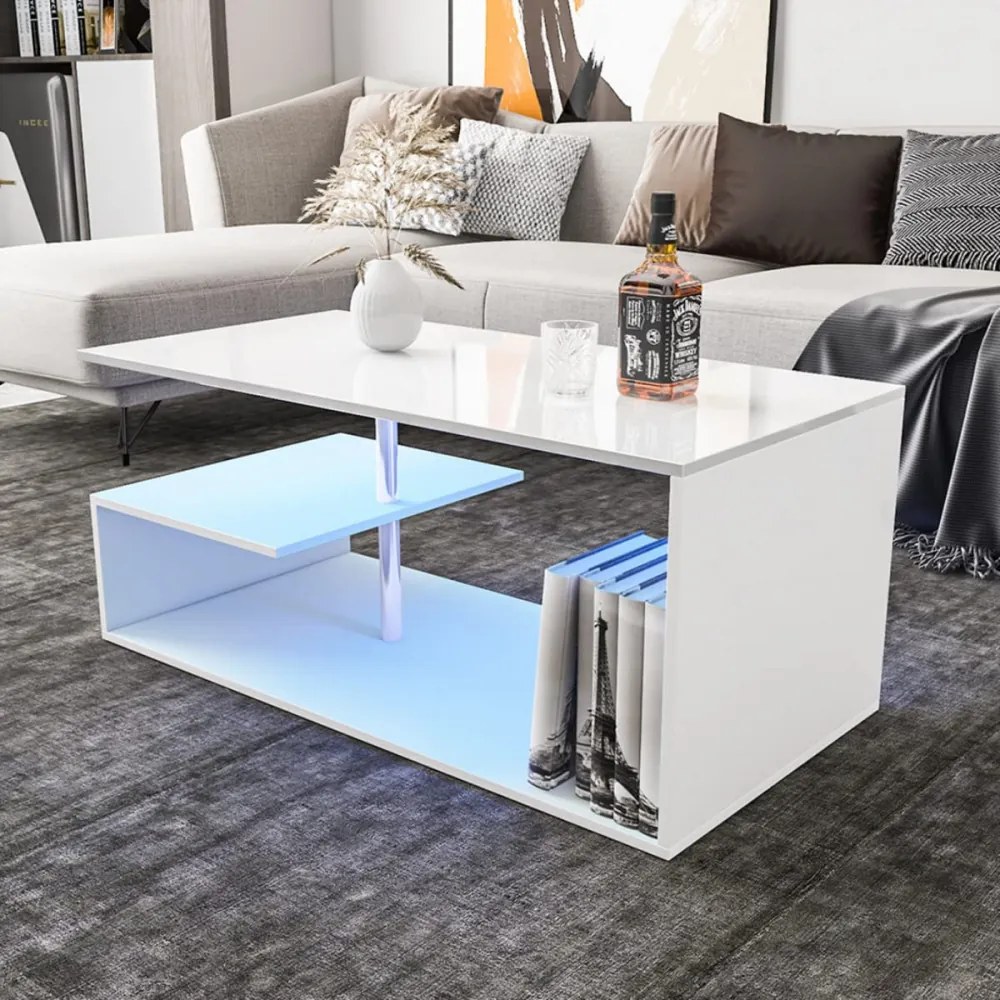 BigHome 100 cm-es dohányzóasztal, Beépített RGB LED Világítással - Fehér