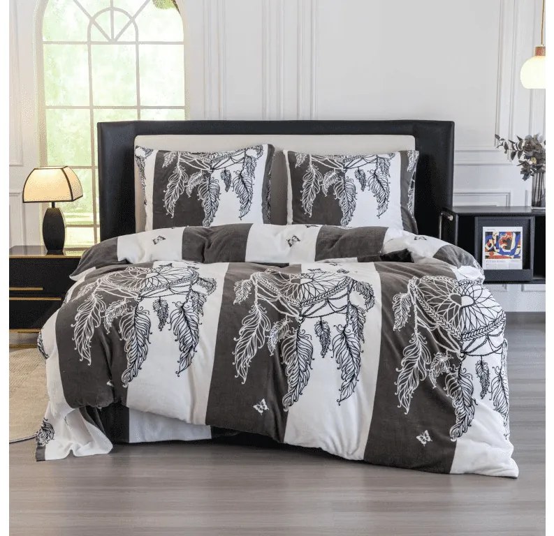 2 db Mikroplüss ágyneműhuzat szett TIRSO szürke-fehér + mikroplüss lepedő SOFT 180x200 cm fehér, kétszemélyes
