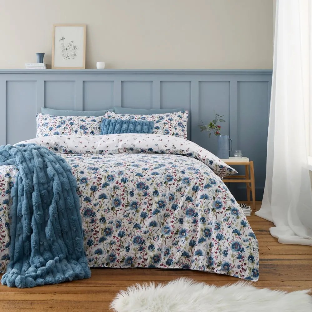 Fehér-kék kétszemélyes flanel ágyneműhuzat 200x200 cm Ophelia Floral – Bianca