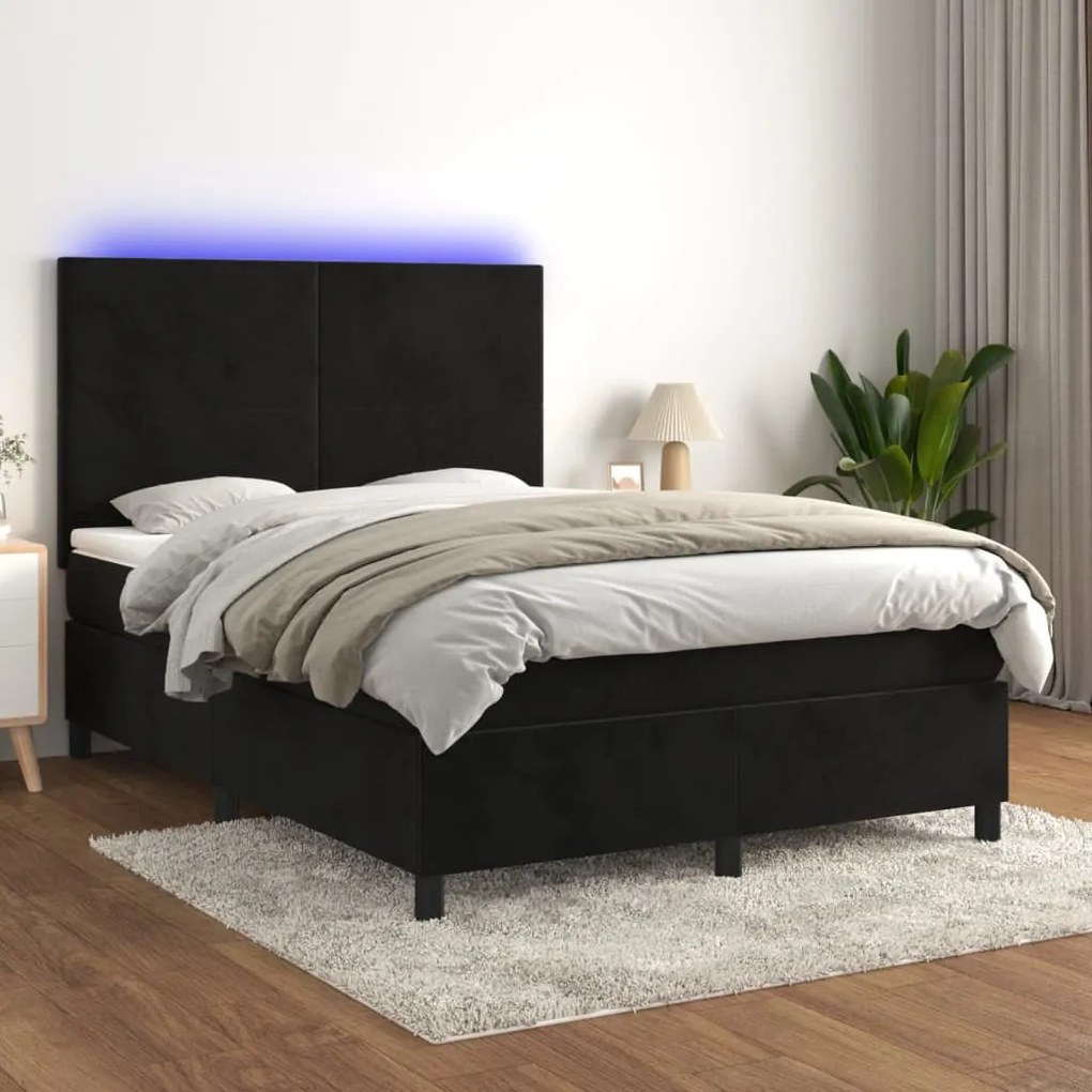 fekete bársony rugós és LED-es ágy matraccal 140x190 cm