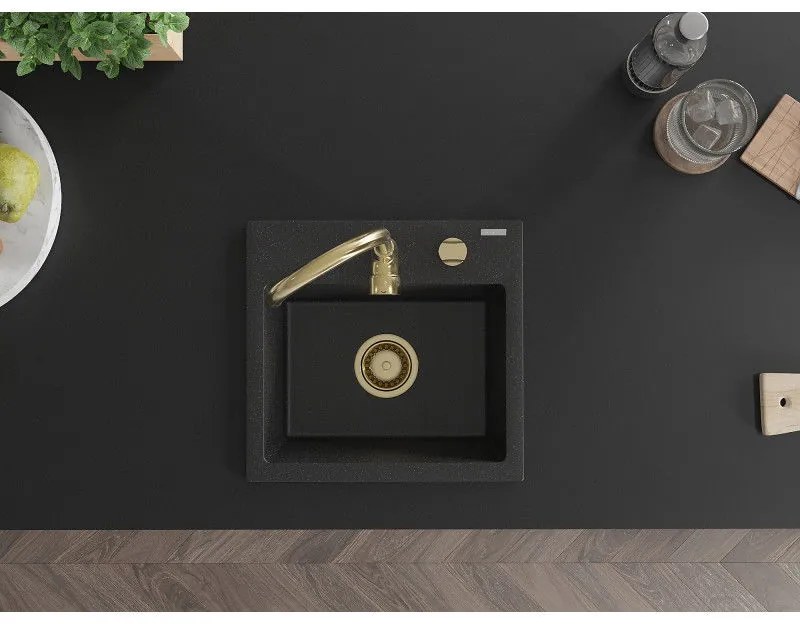 Mexen Milo, gránit mosogató 435x410x171 mm, 1 kamrás, fekete-ezüst metál arany szifonnal, 6505441000-73-G