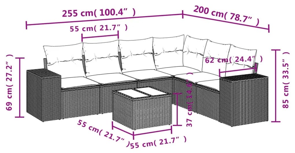 7 részes szürke polyrattan kerti ülőgarnitúra párnákkal