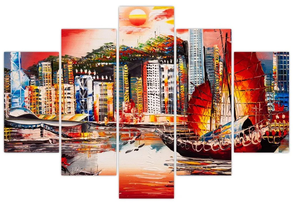 Kép - Victoria Harbour, Hong Kong, olajfestmény (150x105 cm)