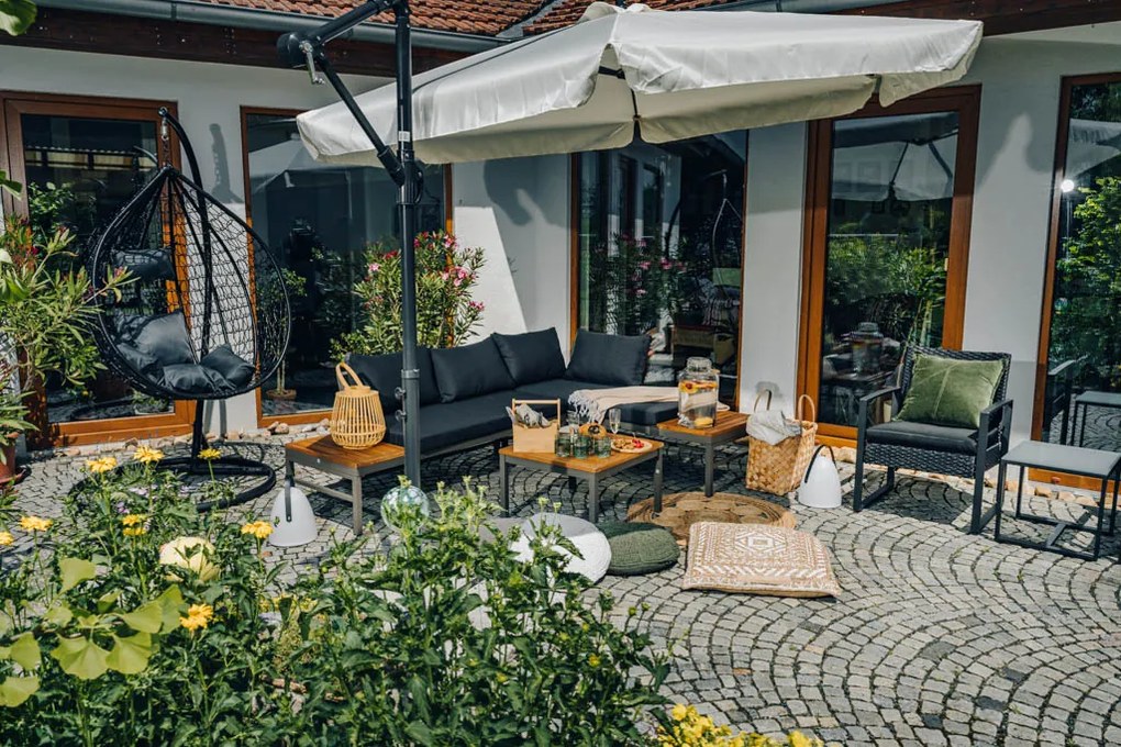 Fekete függőfotel KOKON állvánnyal, szürke párna