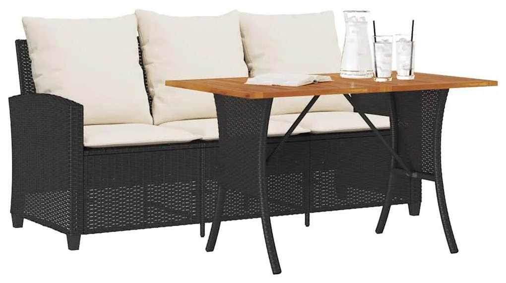 3 személyes fekete polyrattan kerti kanapé asztallal&amp;párnával