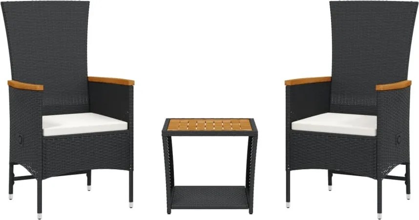 vidaXL 3 részes fekete polyrattan kerti étkezőgarnitúra párnákkal