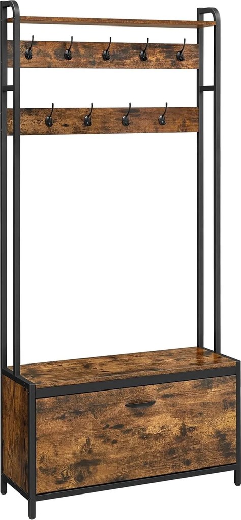 Fogas cipőtárolóval, előszobafal padokkal, 85x30x180cm, rusztikus barna és fekete