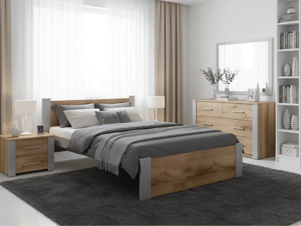 Ágy IKAROS 90 x 200 cm, tölgy artisan/szürke Ágyrács: Léces ágyrács, Matrac: Sommera 18 cm matrac