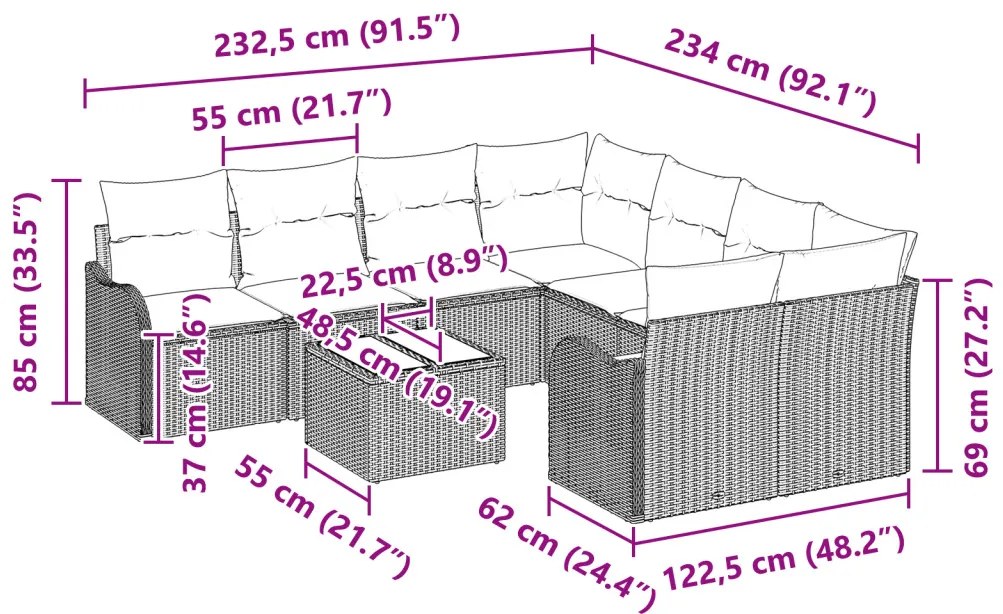 9 darabos kertibútor szett párnákkal bézs poli rattan, 2 fős kerti kanapé párnákkal bézs poli rattan