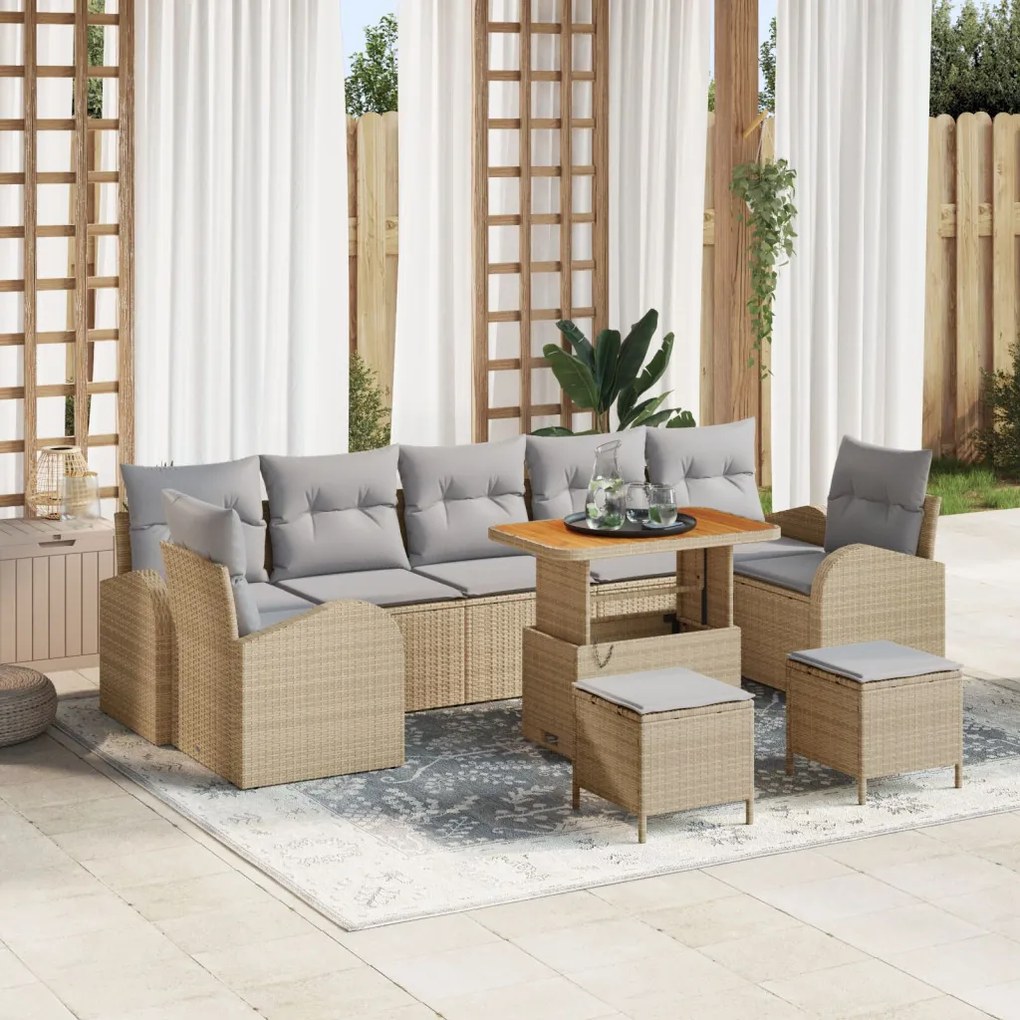 10 darabos Kerti Kanapé Szett Párnákkal Bézs Poly Rattan Akácia, 2 fős Kerti Kanapé Párnákkal Bézs Poly Rattan, 3 darabos Kerti Étkező Szett Párnákkal Bézs Poly Rattan Akácia